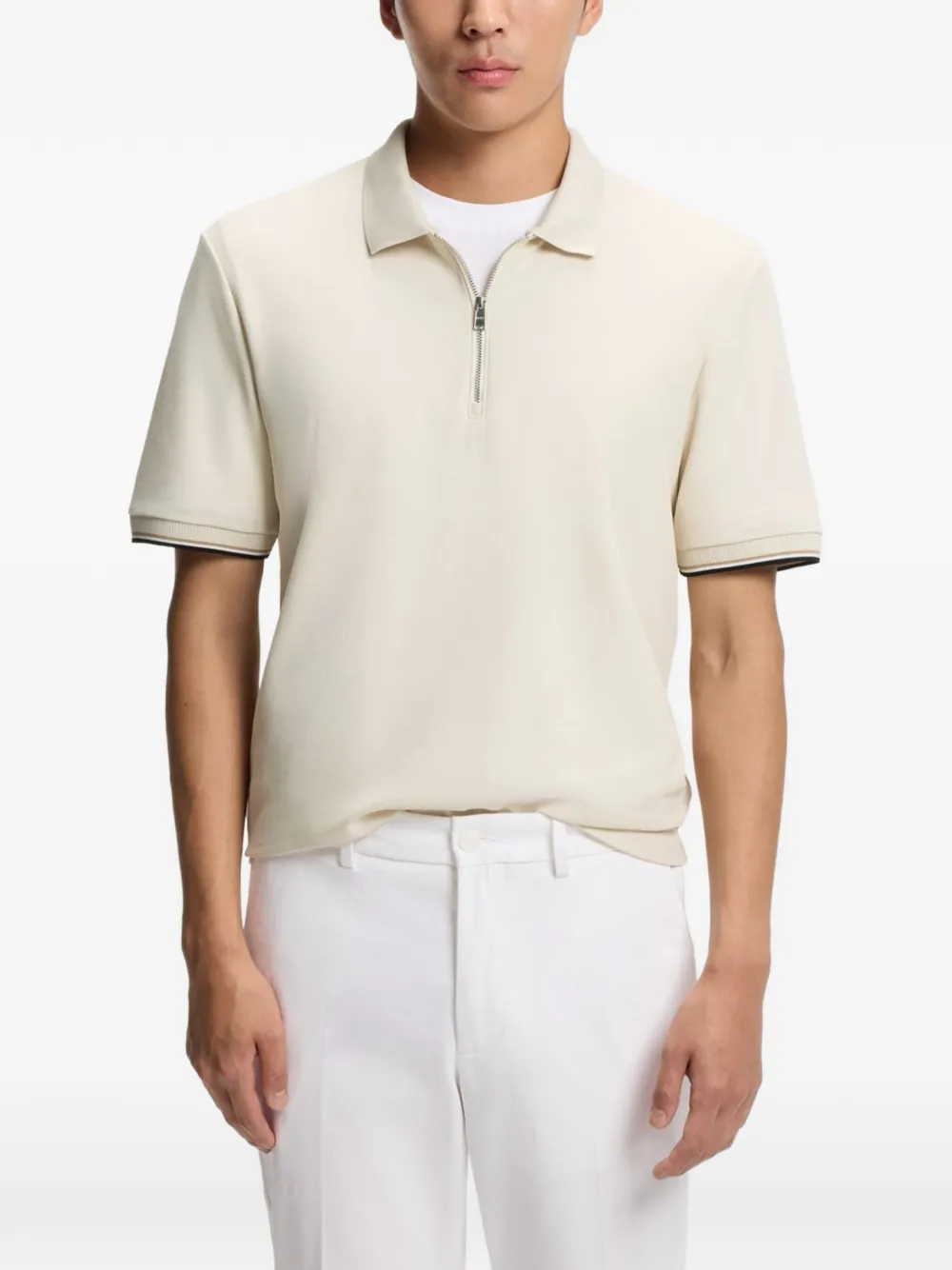 BOSS Katoenen piqué poloshirt met rits Beige