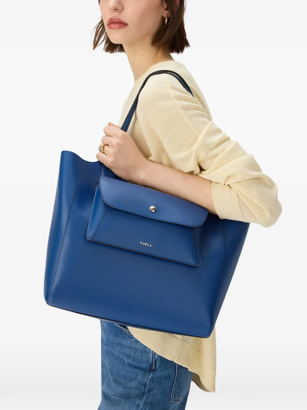Furla Lea M leren shopper met klep Blauw