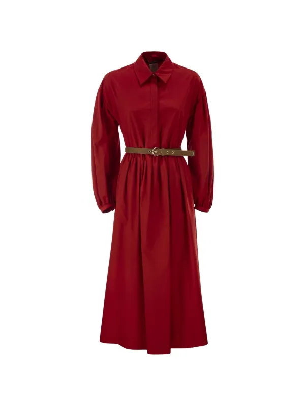Max Mara Balloon-sleeve Pleated Cotton Midi Dress in Red