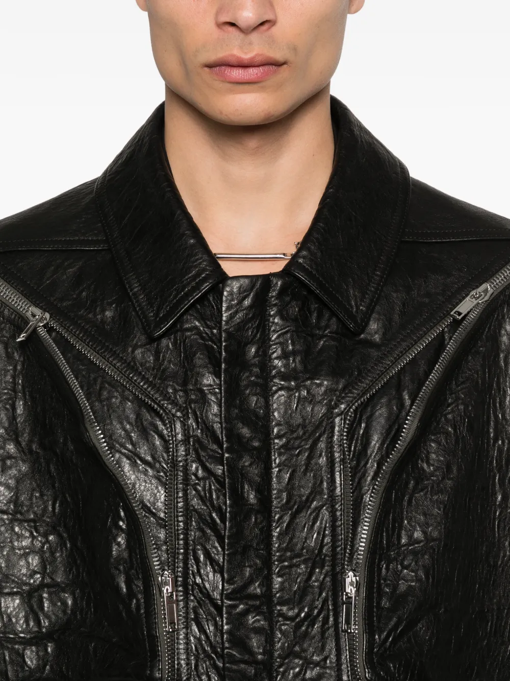 Rick Owens Leren bikerjack met textuur Zwart