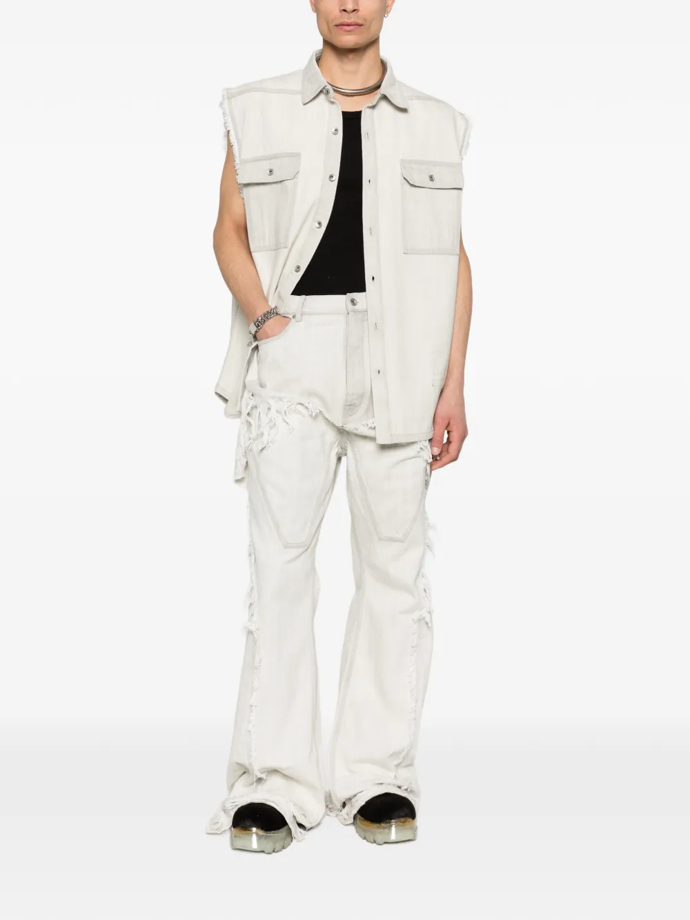 Rick Owens DRKSHDW Gerafelde jeans met knoopsluiting en franje Wit