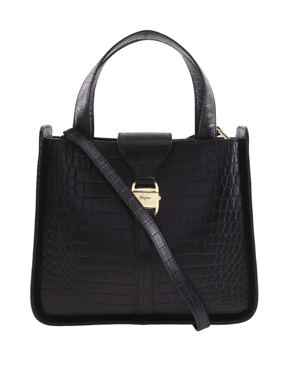 Ferragamo Pre-Owned 1990-2025 Croc Embossed Leather Vara Bow satchel - Nero