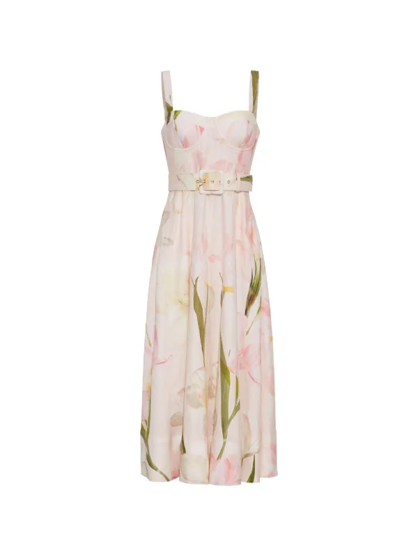 cara cara calypso sweetheart bustier floral linen midi dress Cara Cara Calypso Bustier floral-print Dress | Pink