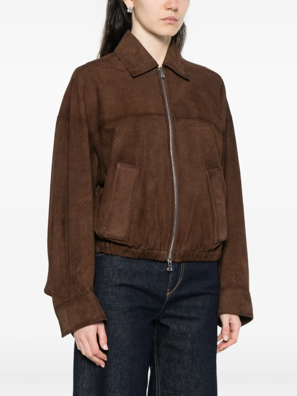  Bully Perforated Zip Leather Jacket - Brown 