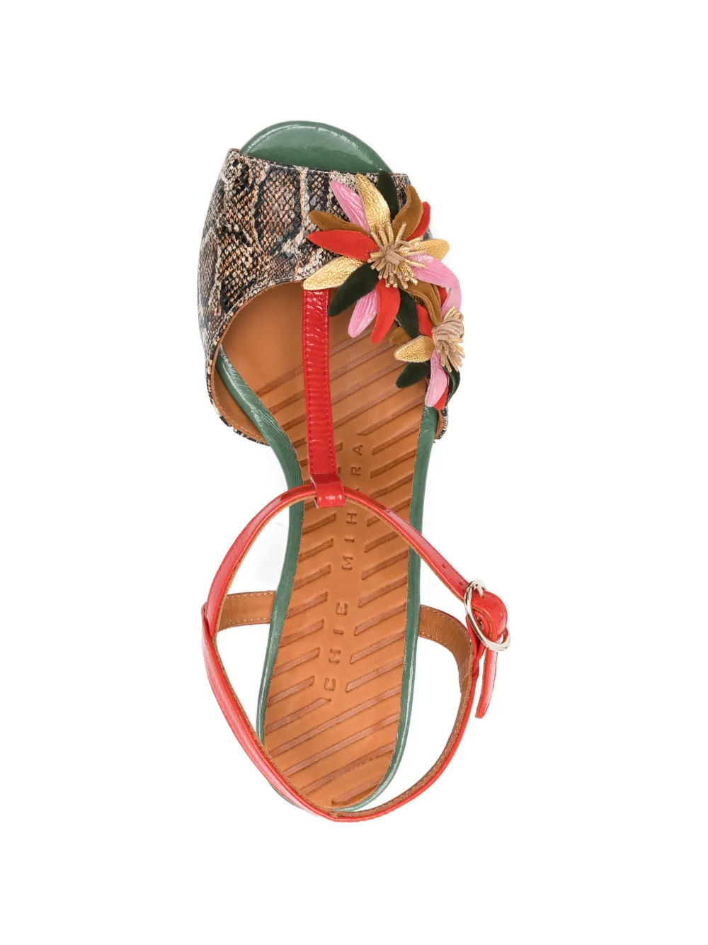 Chie Mihara Uliva leren sandalen met slangen-effect en bloemen Bruin