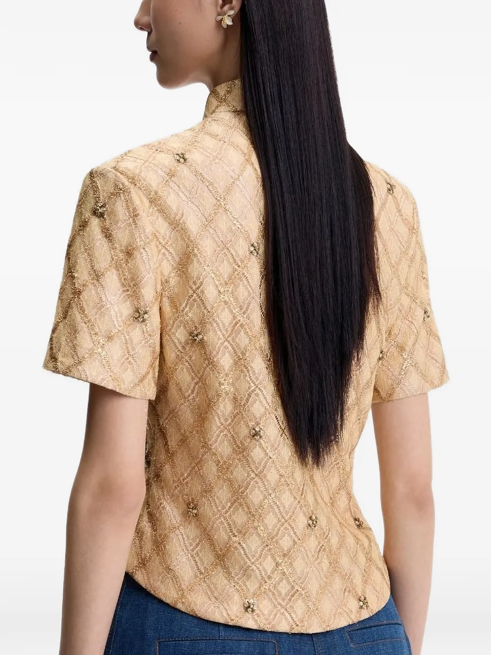  Shanghai Tang Qipao Latticework Embellished Top - Neutrals 