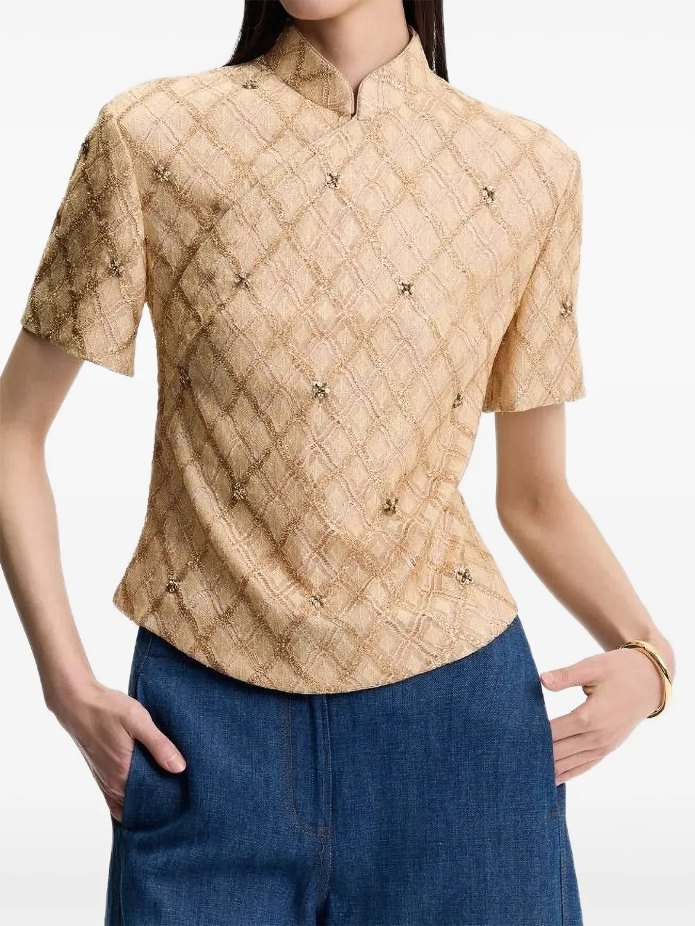  Shanghai Tang Qipao Latticework Embellished Top - Neutrals 