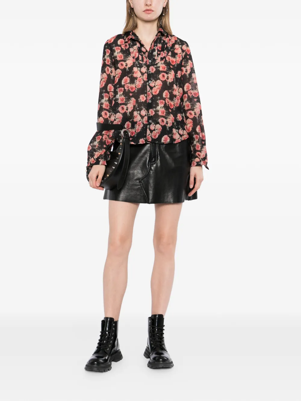 R13 Shrunken geplooide blouse Zwart