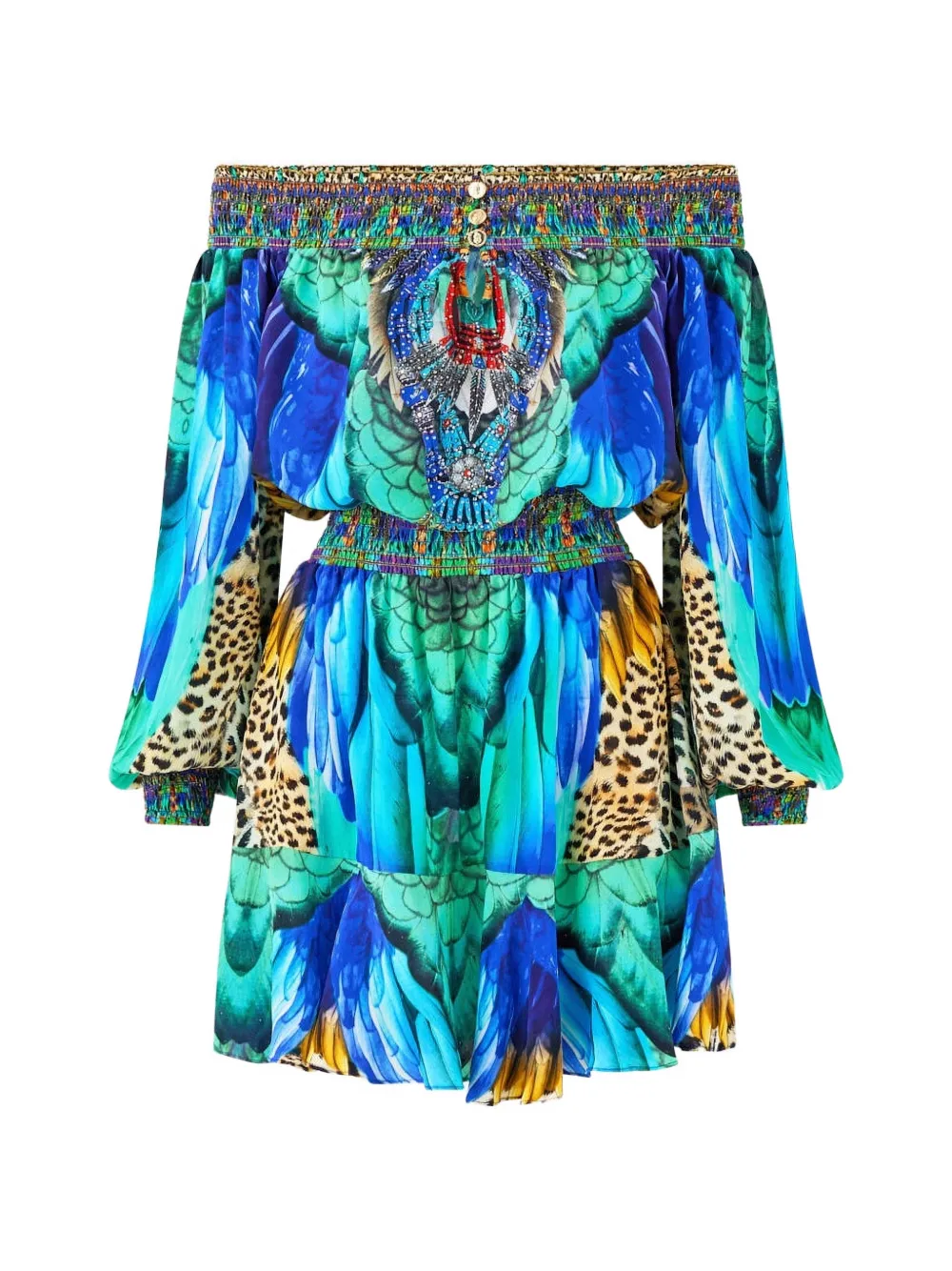 Camilla Jungle Flight off-shoulder short dress - Blu
