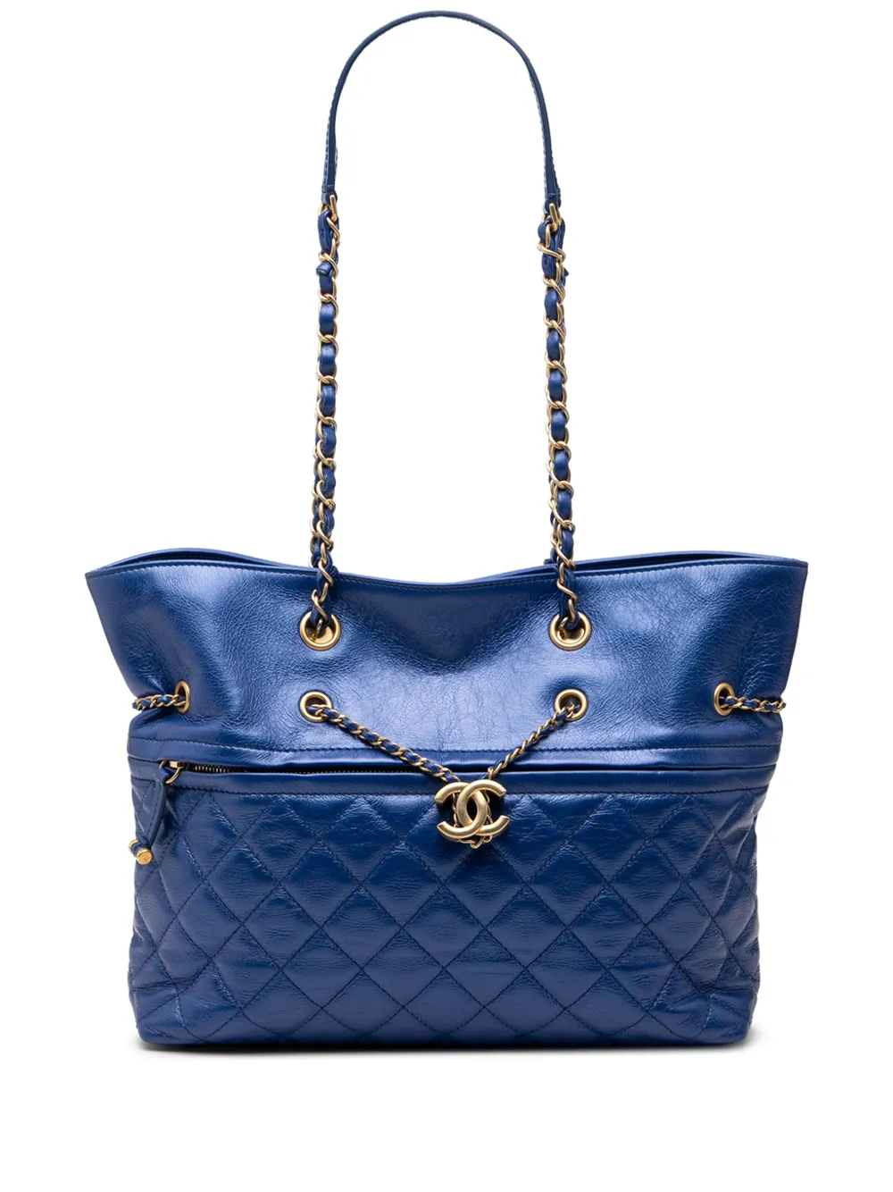 CHANEL Pre-Owned 2019 CC Calfskin Front Zip Drawstring Chain tote bag - Blu