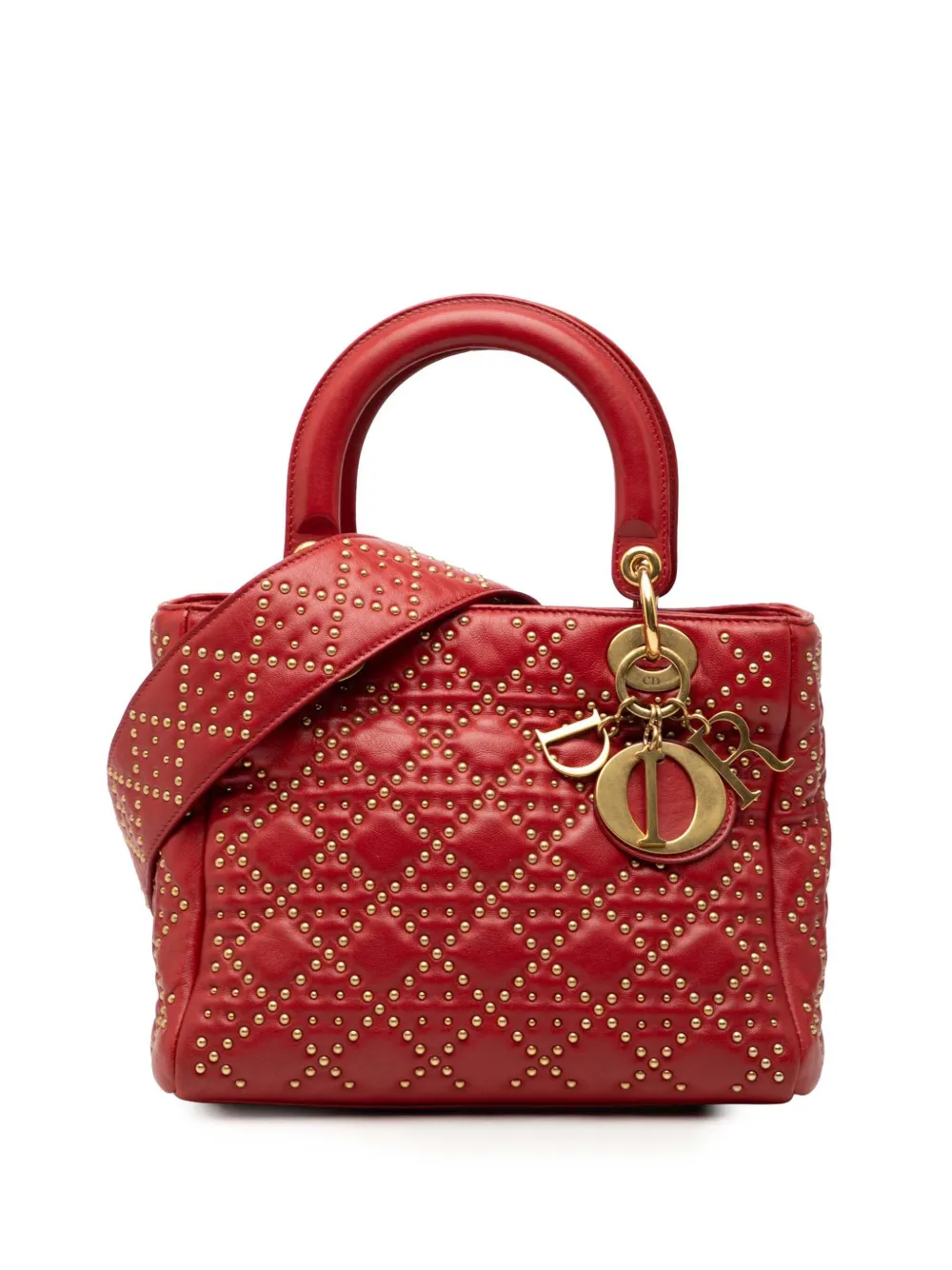 Christian Dior Pre-Owned 2017 Medium Lambskin Cannage Studded Supple Lady Dior satchel - Rosso