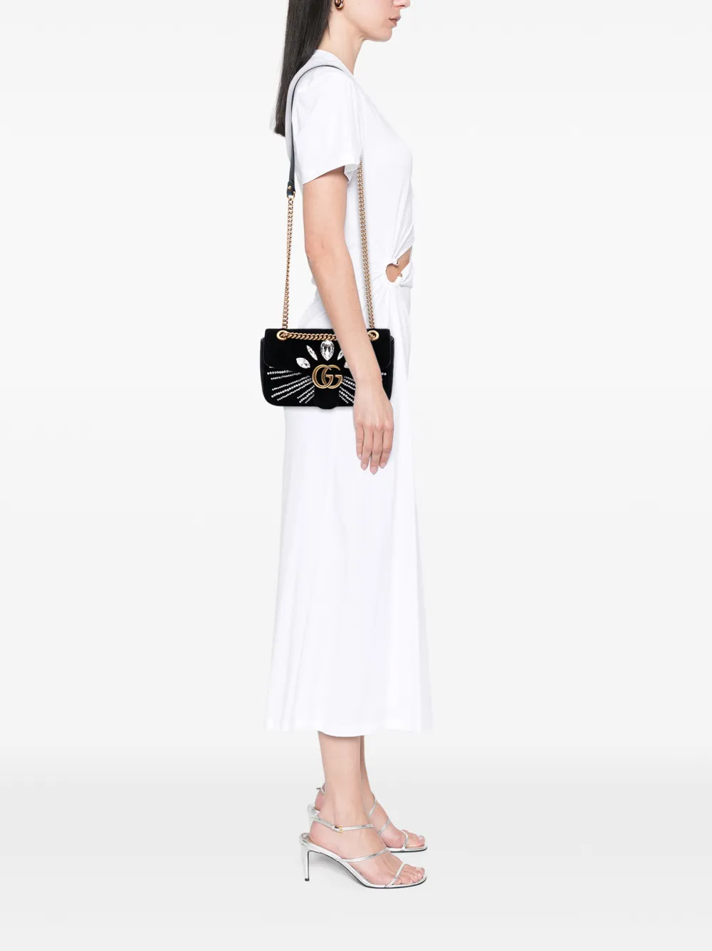  Gucci Pre-owned 2016-2025 Medium Gg Marmont Matelasse Velvet Crystal Embellished Shoulder Bag - Black 