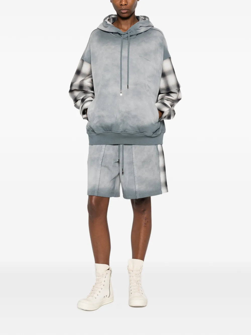  Feng Chen Wang Check-pattern-sleeve Hoodie - Grey 