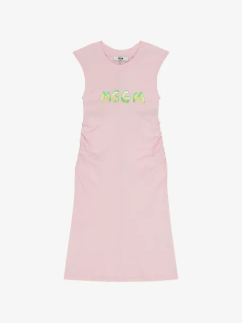 MSGM Kids robe froncée à logo imprimé