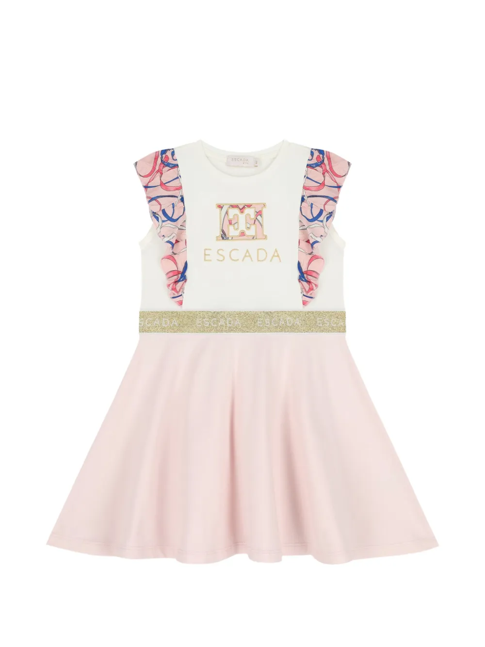 Escada Kids' Ruffled Logo-embroidered Dress In Multi