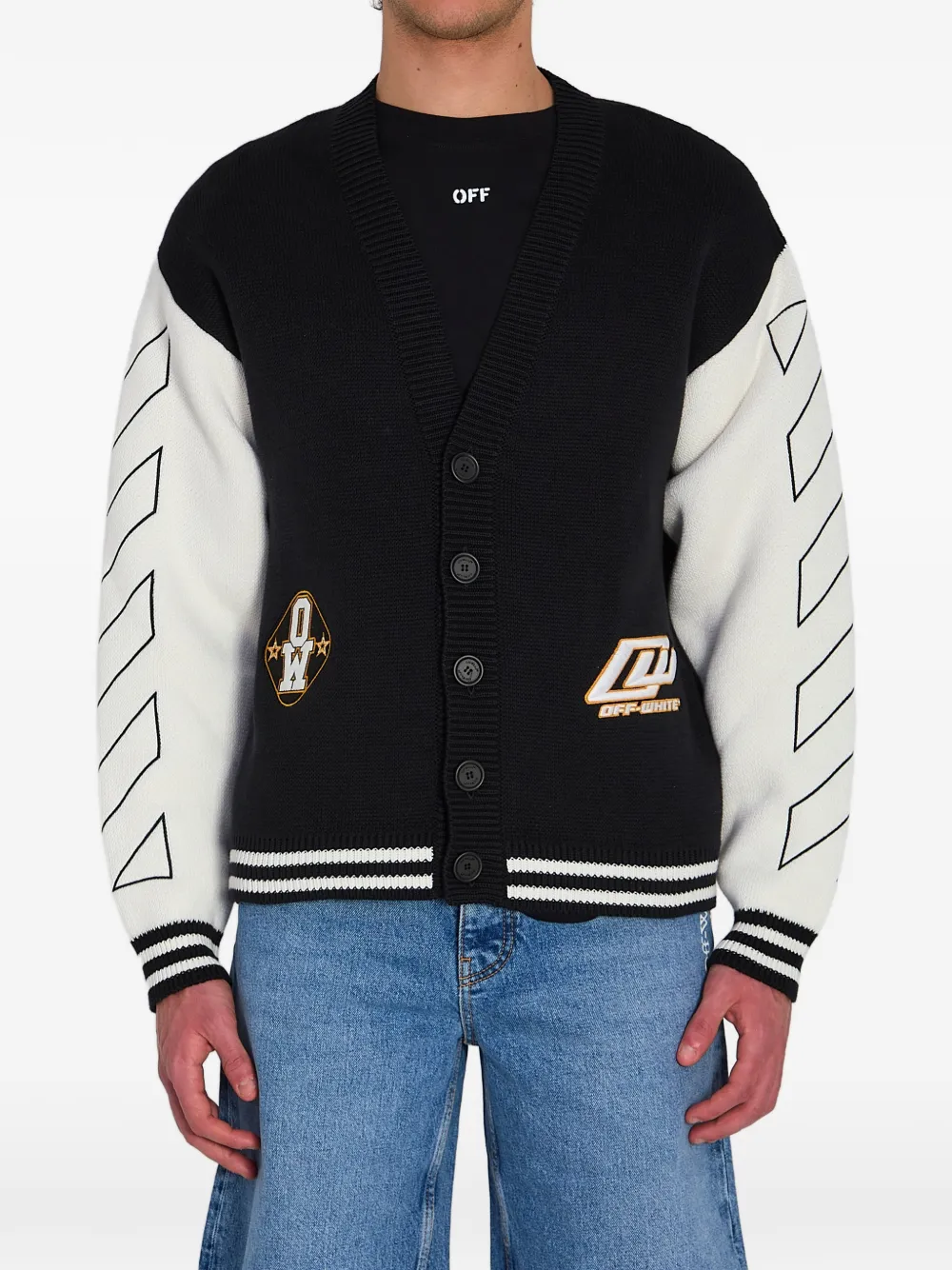 Off-White ribbed embroidery varsity cardigan - Black