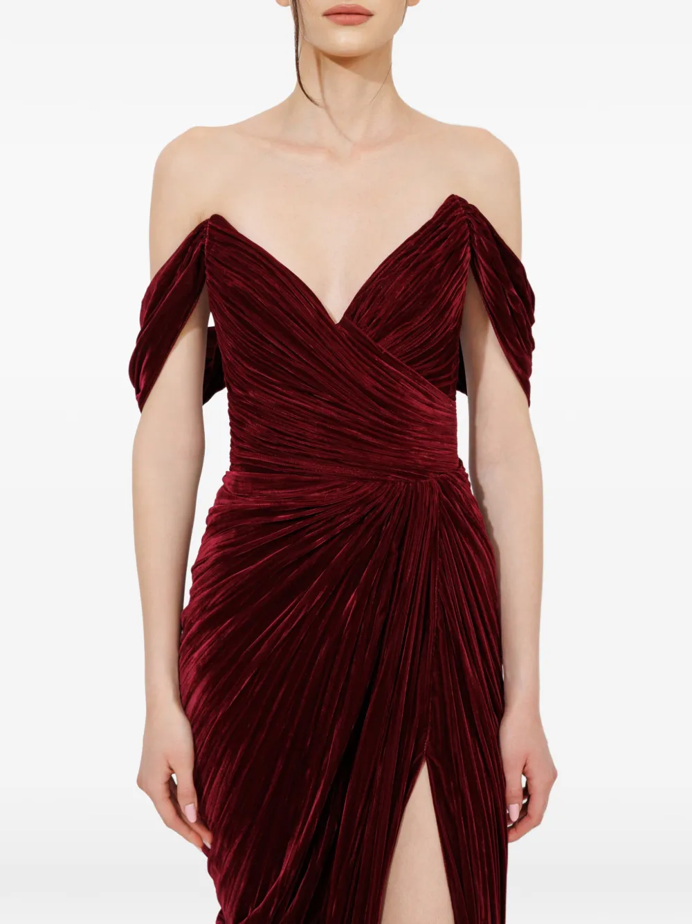 Iris Serban Charlotte off-shoulder maxi-jurk met split Rood