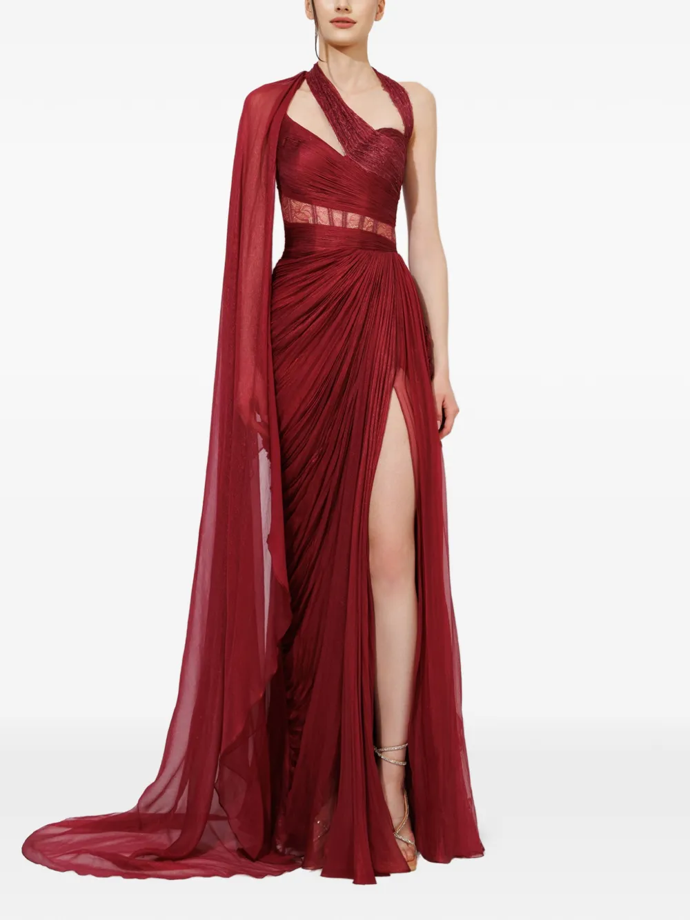 Iris Serban Alexa asymmetric-neck lace-detail maxi dress - Rosso