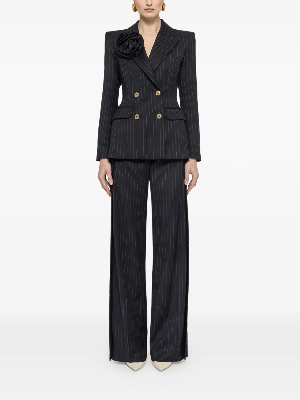  Nissa Floral Applique Pinstripe Blazer - Blue 