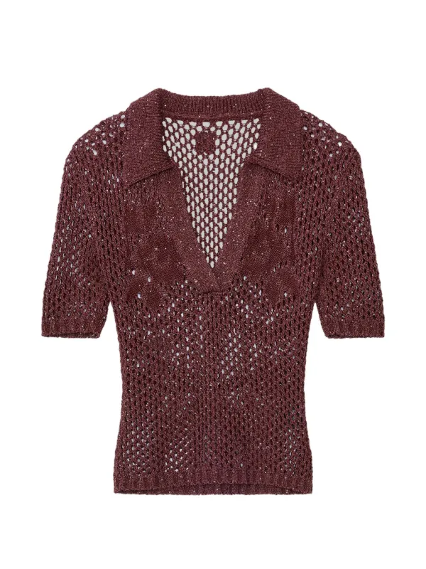 Amiri Floral Crochet Polo Top in Brown