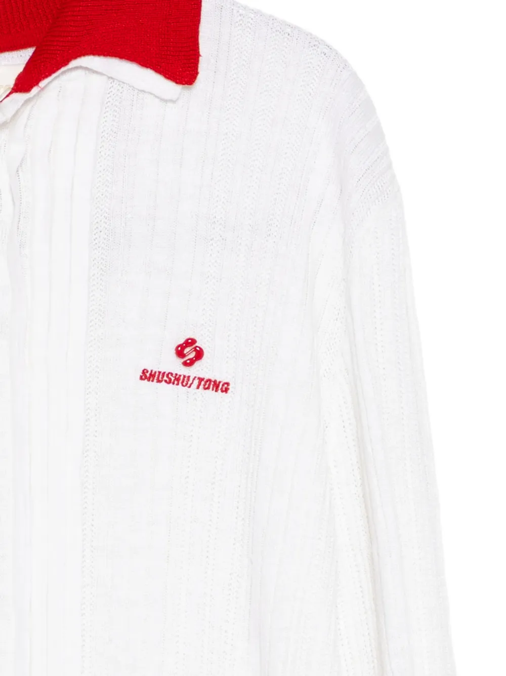 SHUSHU/TONG Contrast-collar Knitted Polo Top in White, view 3