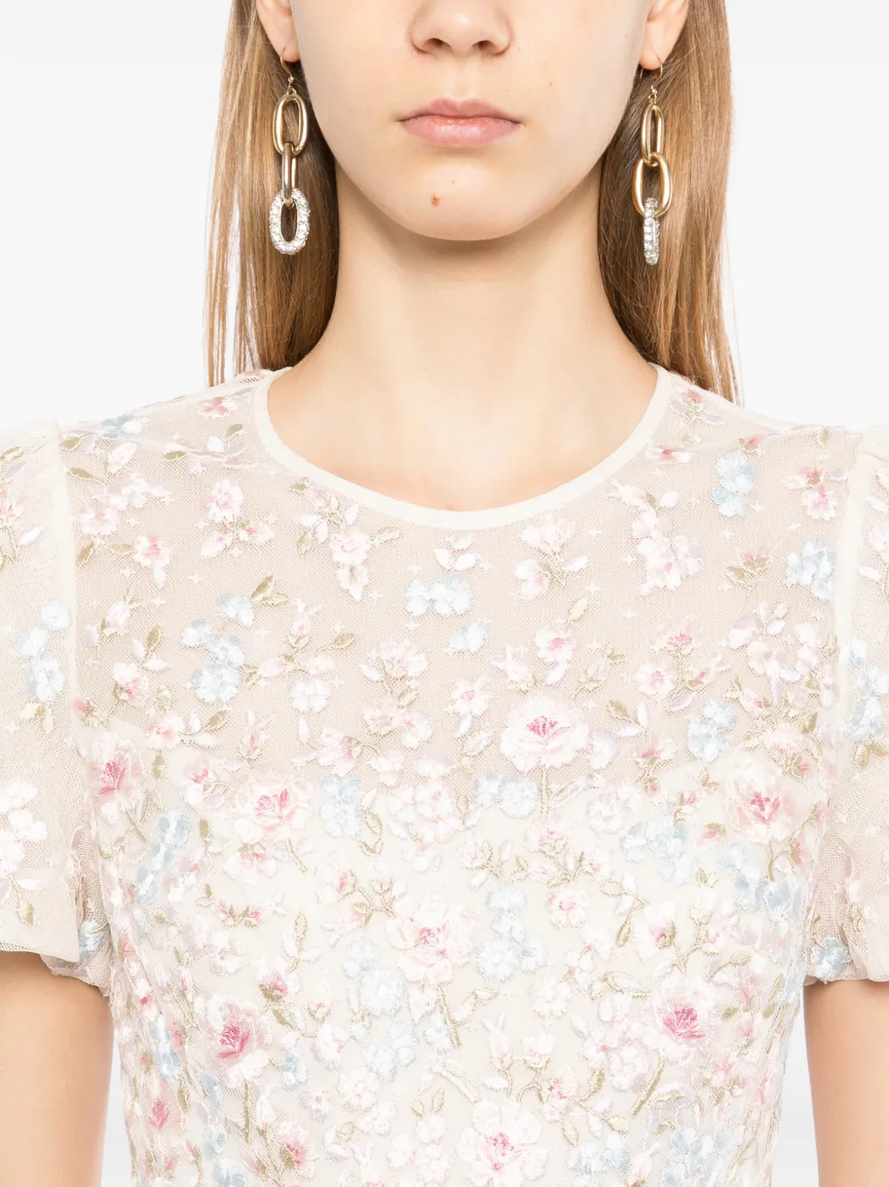 Needle & Thread Jurk met geborduurde bloemen Beige