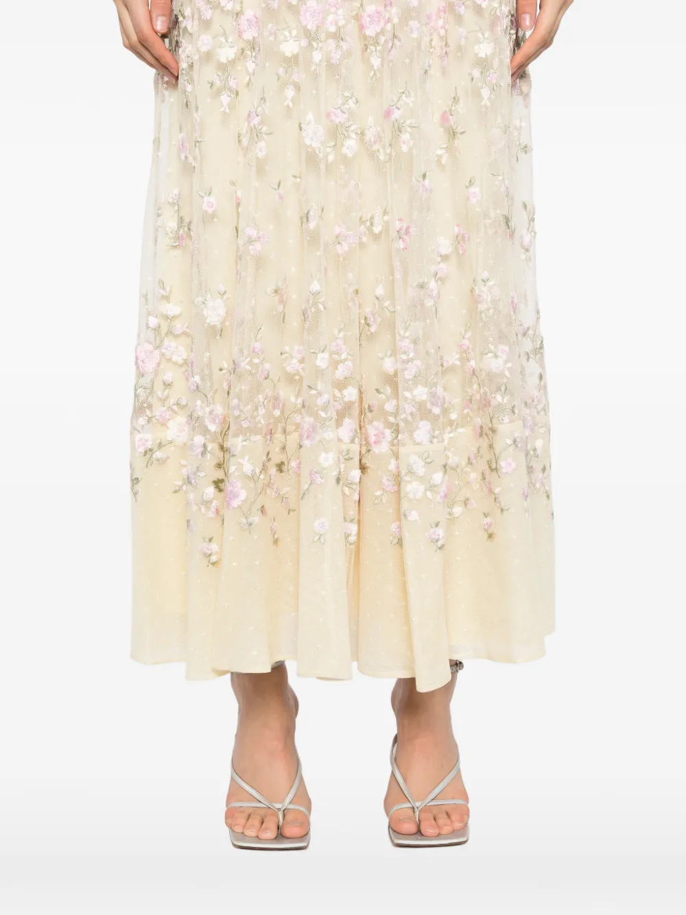 Needle & Thread Jurk met geborduurde bloemen Beige