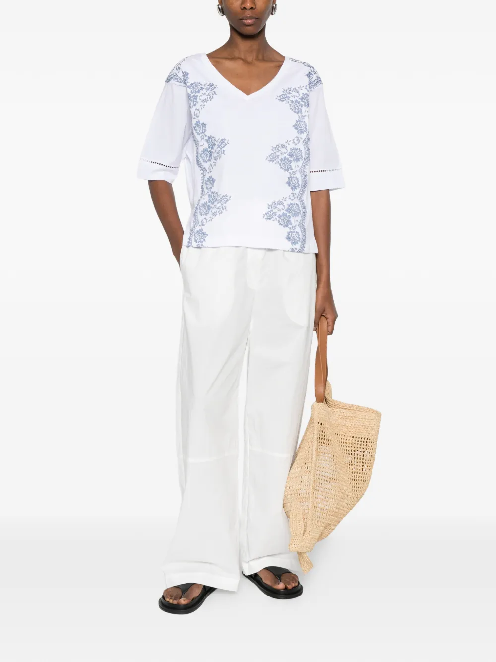 ERMANNO FIRENZE T-shirt met bloemenprint en V-hals Wit