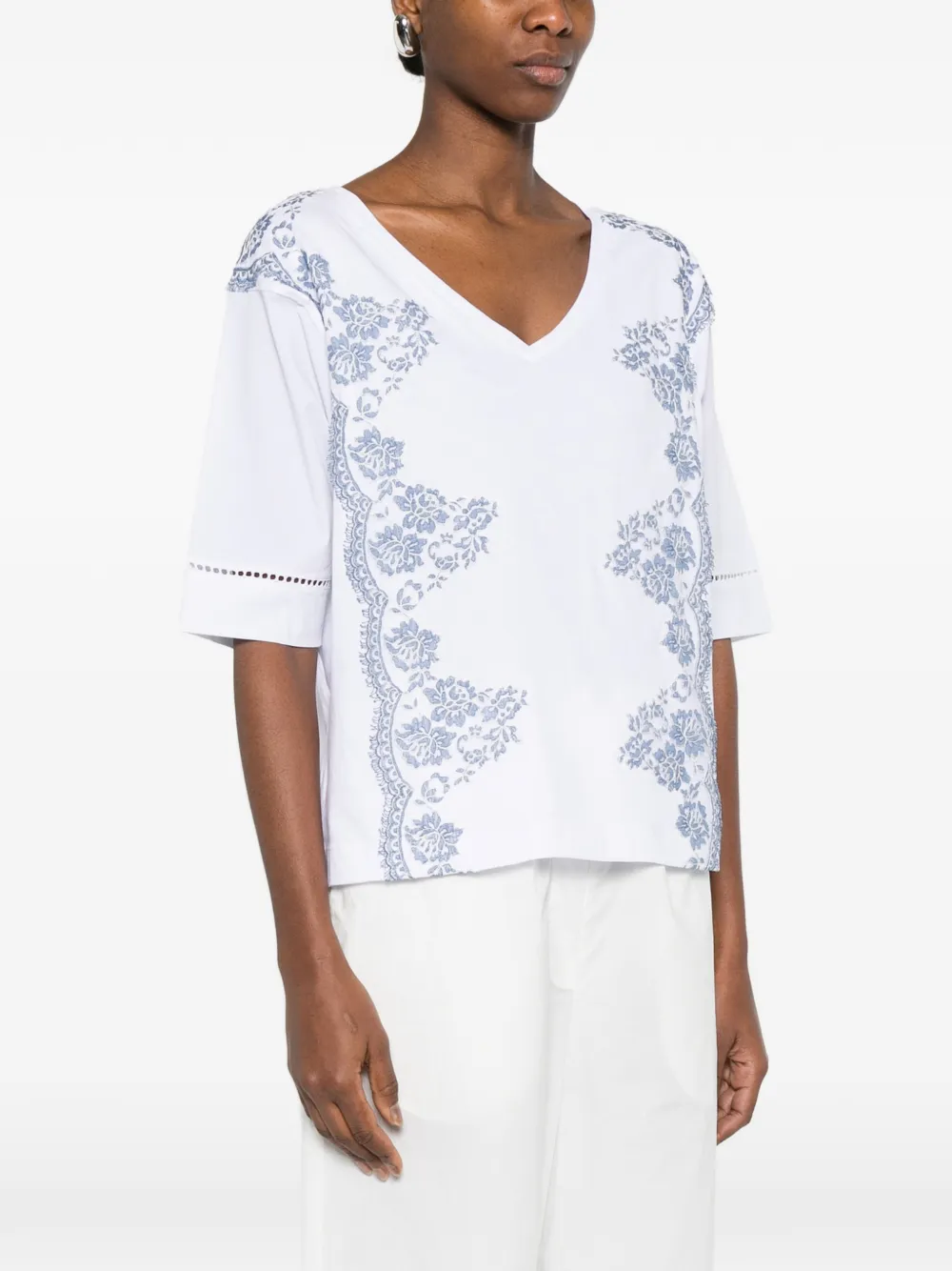 ERMANNO FIRENZE T-shirt met bloemenprint en V-hals Wit