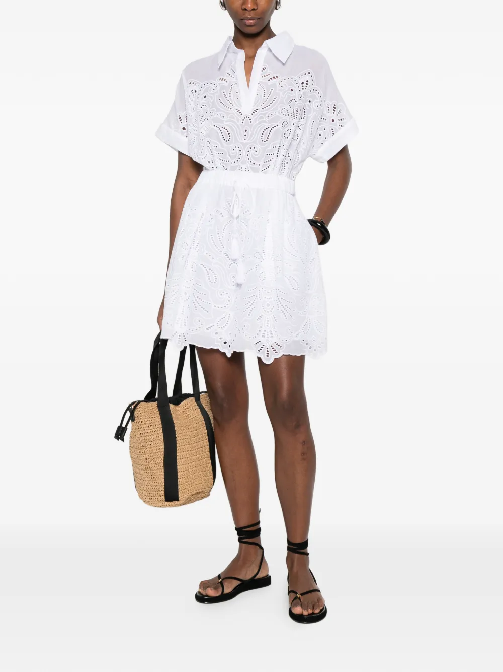  Ermanno Firenze Eyelet Drawstring Dress - White 