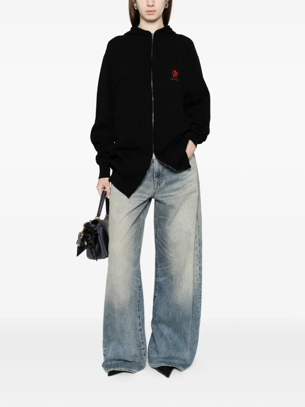 Balenciaga Kabelgebreide hoodie met geborduurd logo Zwart