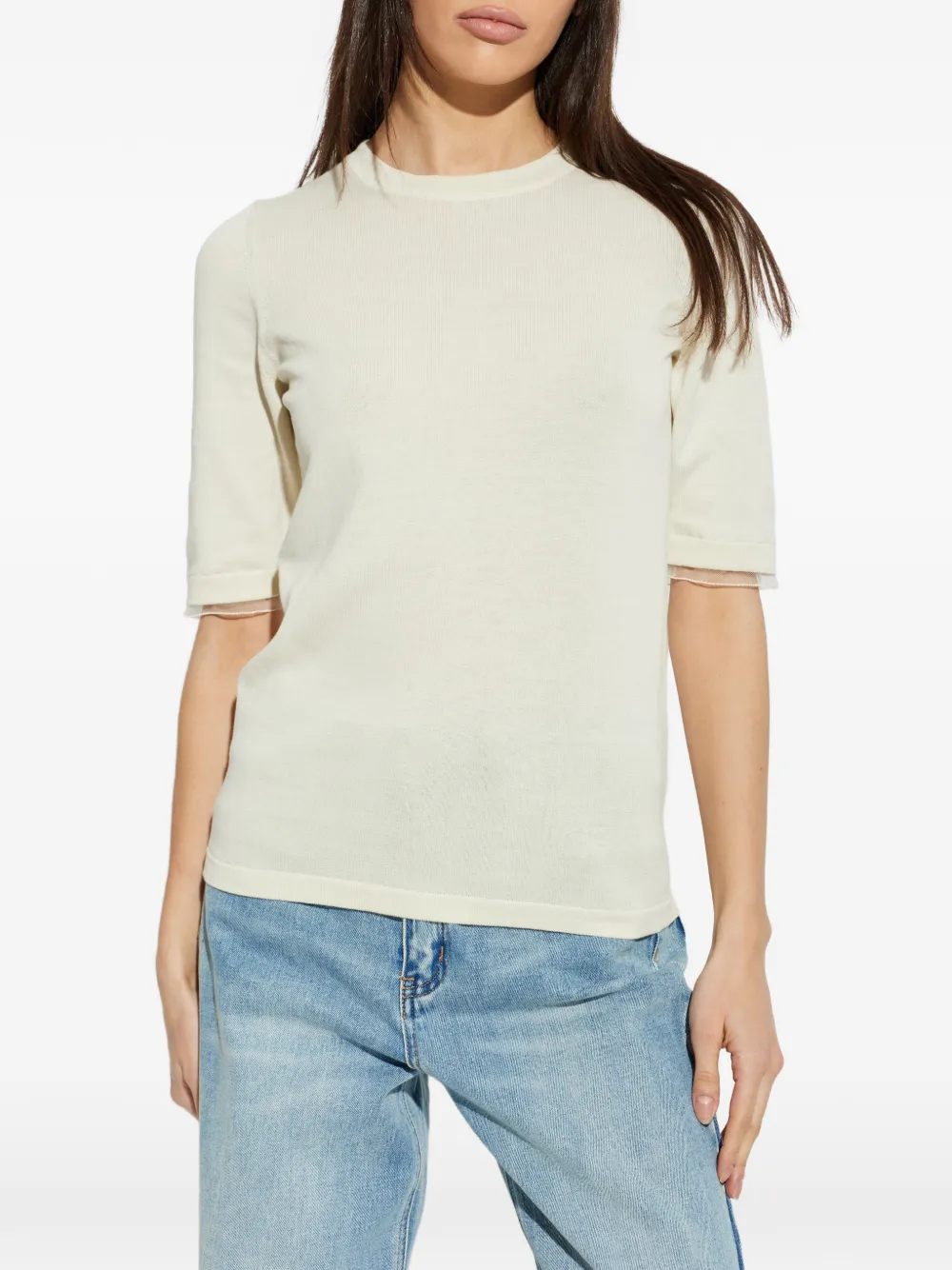 Fabiana Filippi Gebreid T-shirt met tulen afwerking Beige