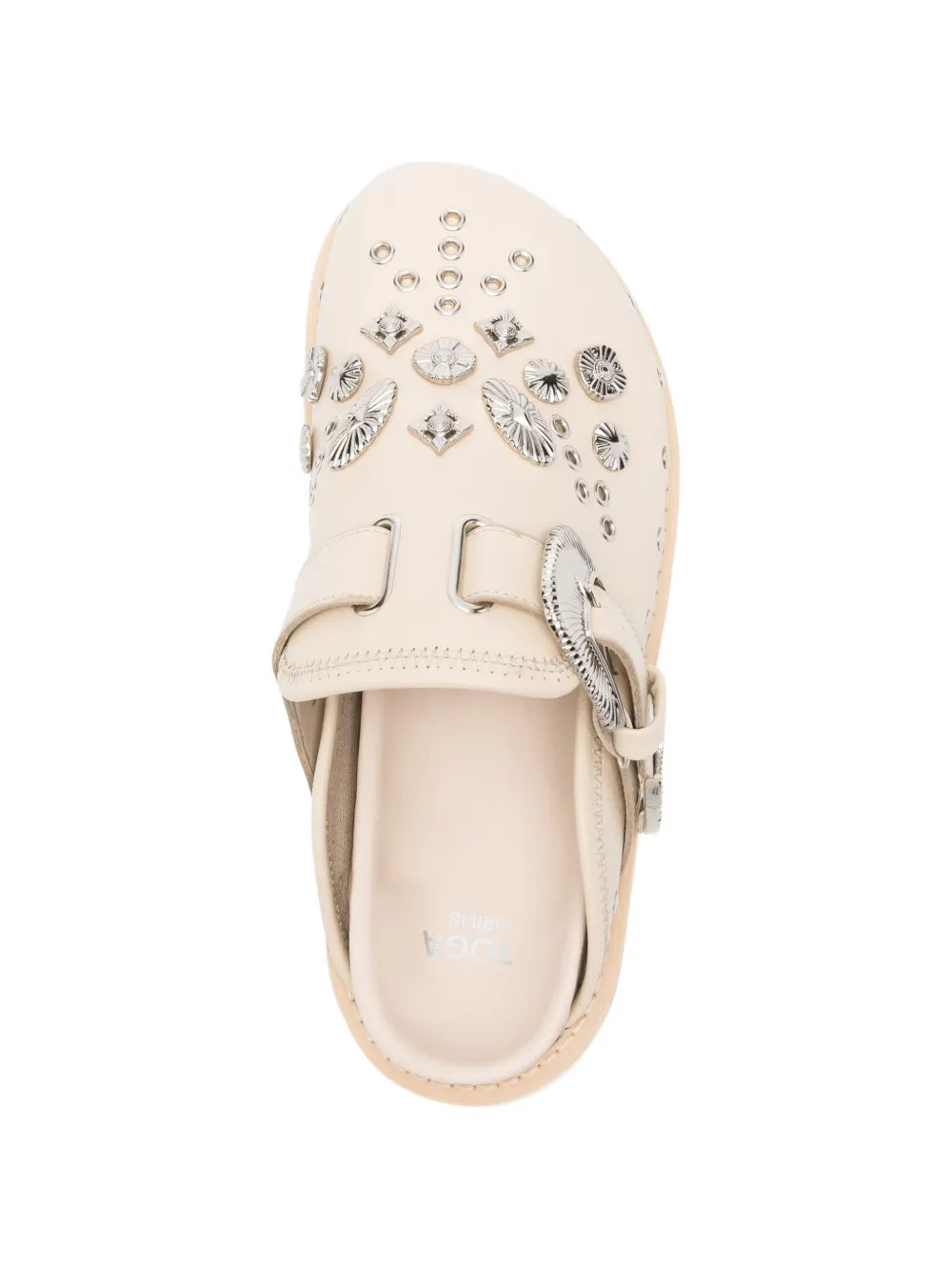 Toga Virilis buckle-embellishment leather slippers Beige