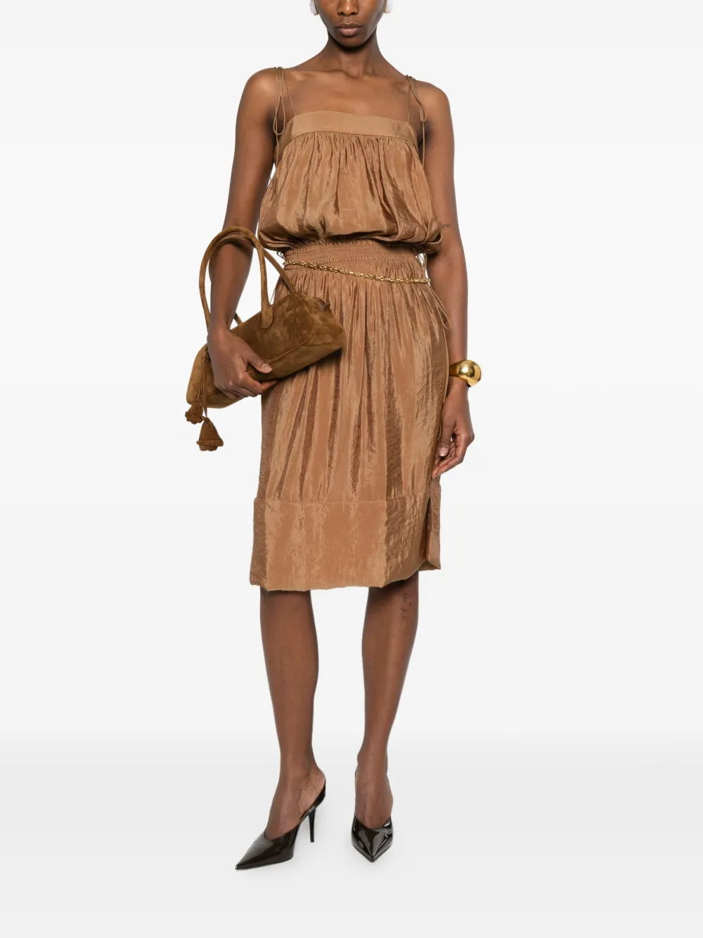  Saint Laurent Side-drawstring Shirred Midi Dress - Brown 