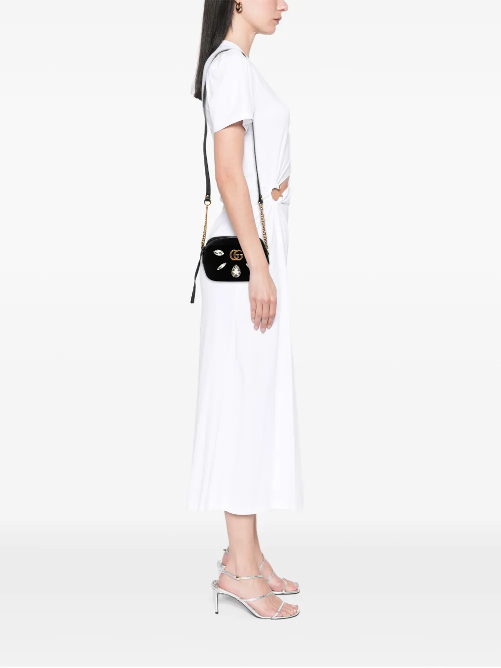  Gucci Pre-owned 2016-2026 Mini Gg Marmont Crystal Embellished Matelasse Velvet Crossbody Bag - Black 