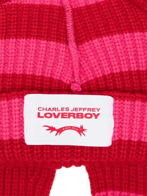 帽子 CHARLESJEFFREYLOVERBOYChunkyRabbitB Charles Jeffrey Loverboy Chunky Rabbit Striped Beanie Hat | Red
