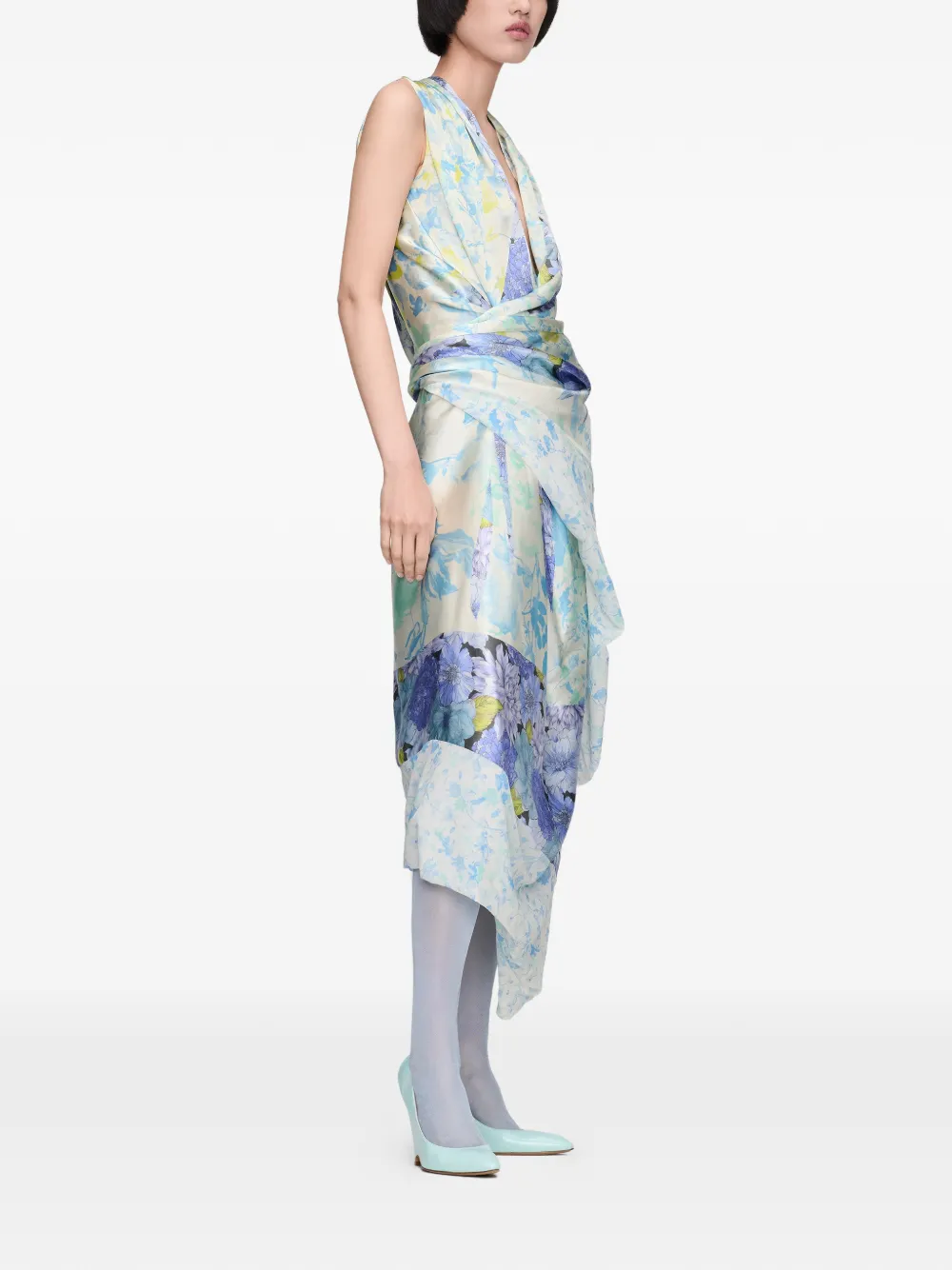 Maison Margiela Gedrapeerde midi-jurk met bloemenprint Blauw