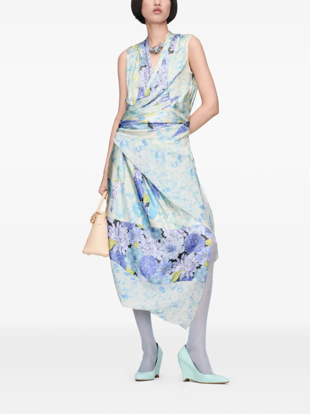Maison Margiela Gedrapeerde midi-jurk met bloemenprint Blauw