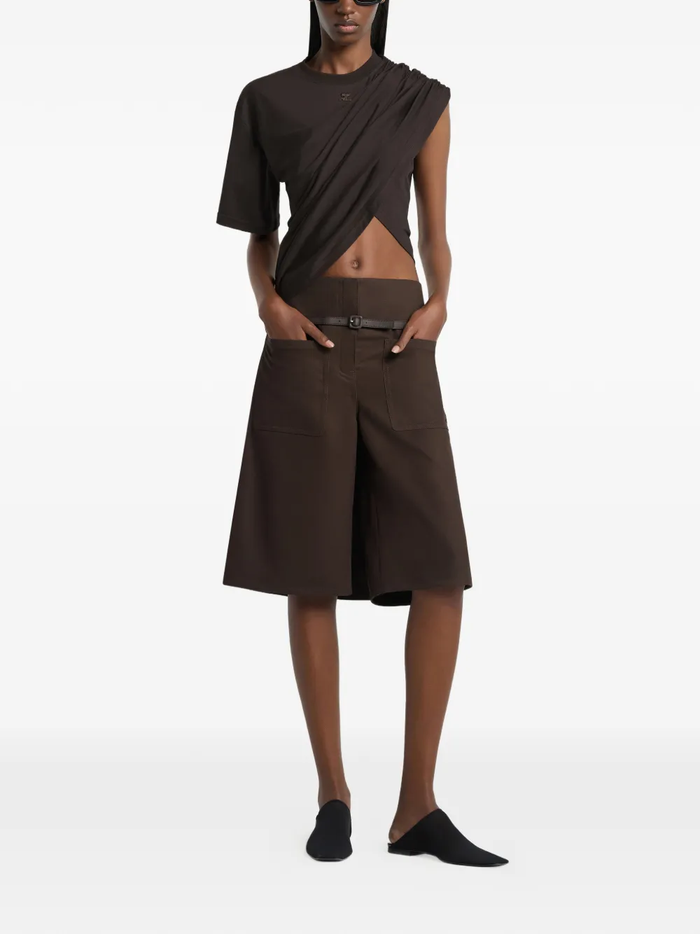  Courrèges Asymmetric Draped T-shirt - Brown 