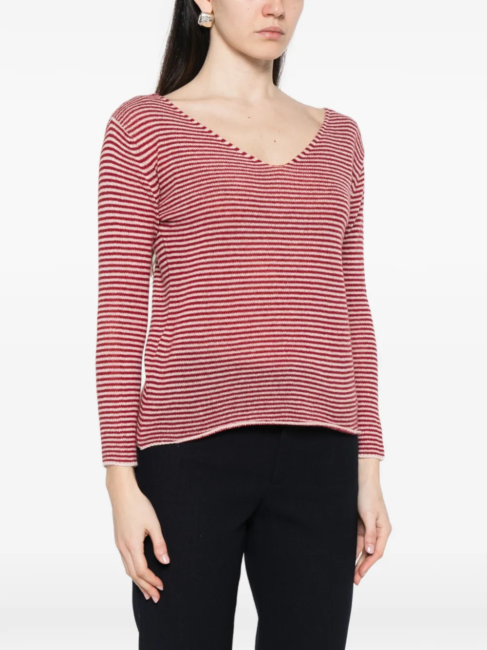 Beyou Striped V-neck Sweater - Red 