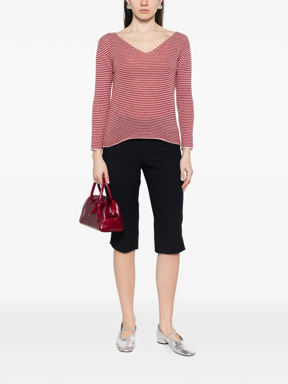  Beyou Striped V-neck Sweater - Red 