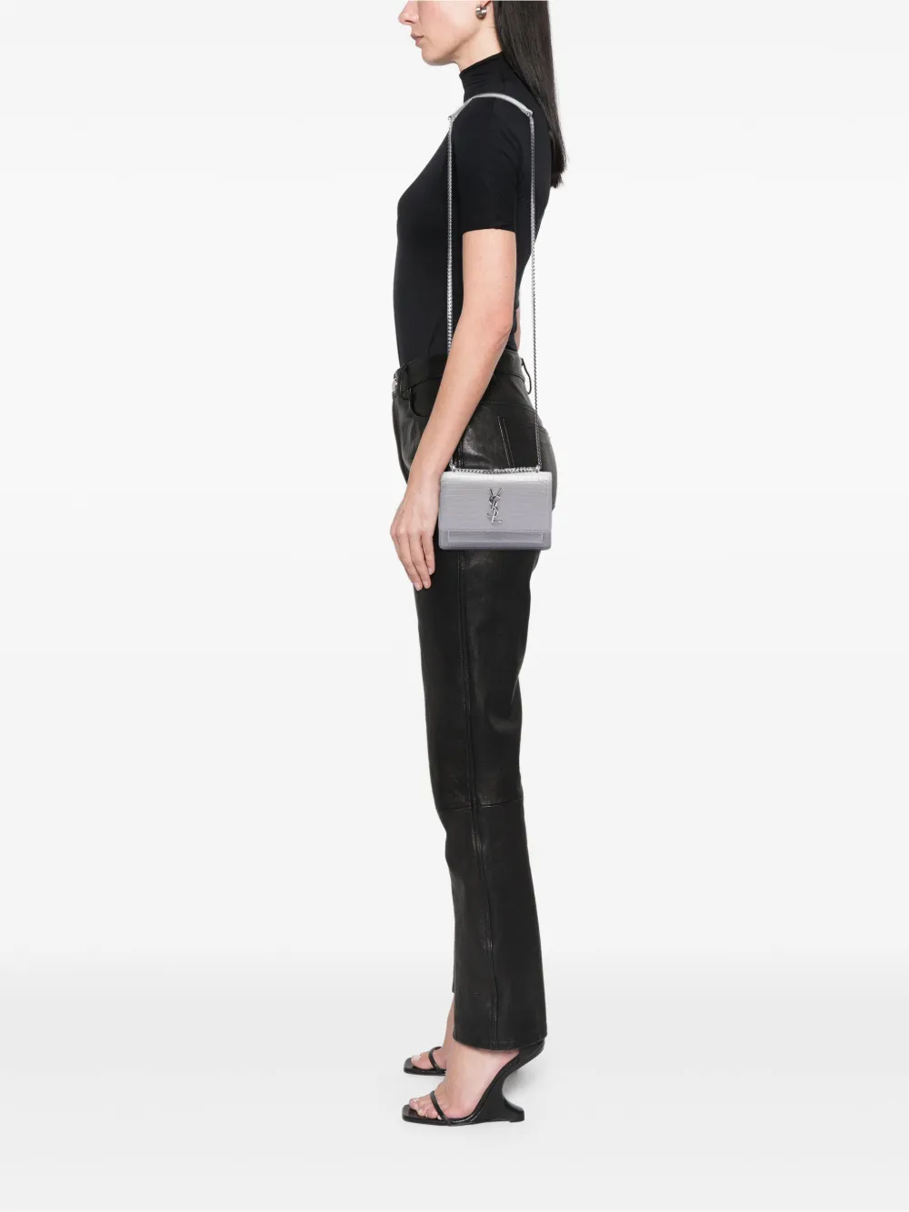  Saint Laurent Pre-owned 2017 Mini Croc Embossed Leather Monogram Sunset Wallet On Chain Crossbody Bag - Grey 