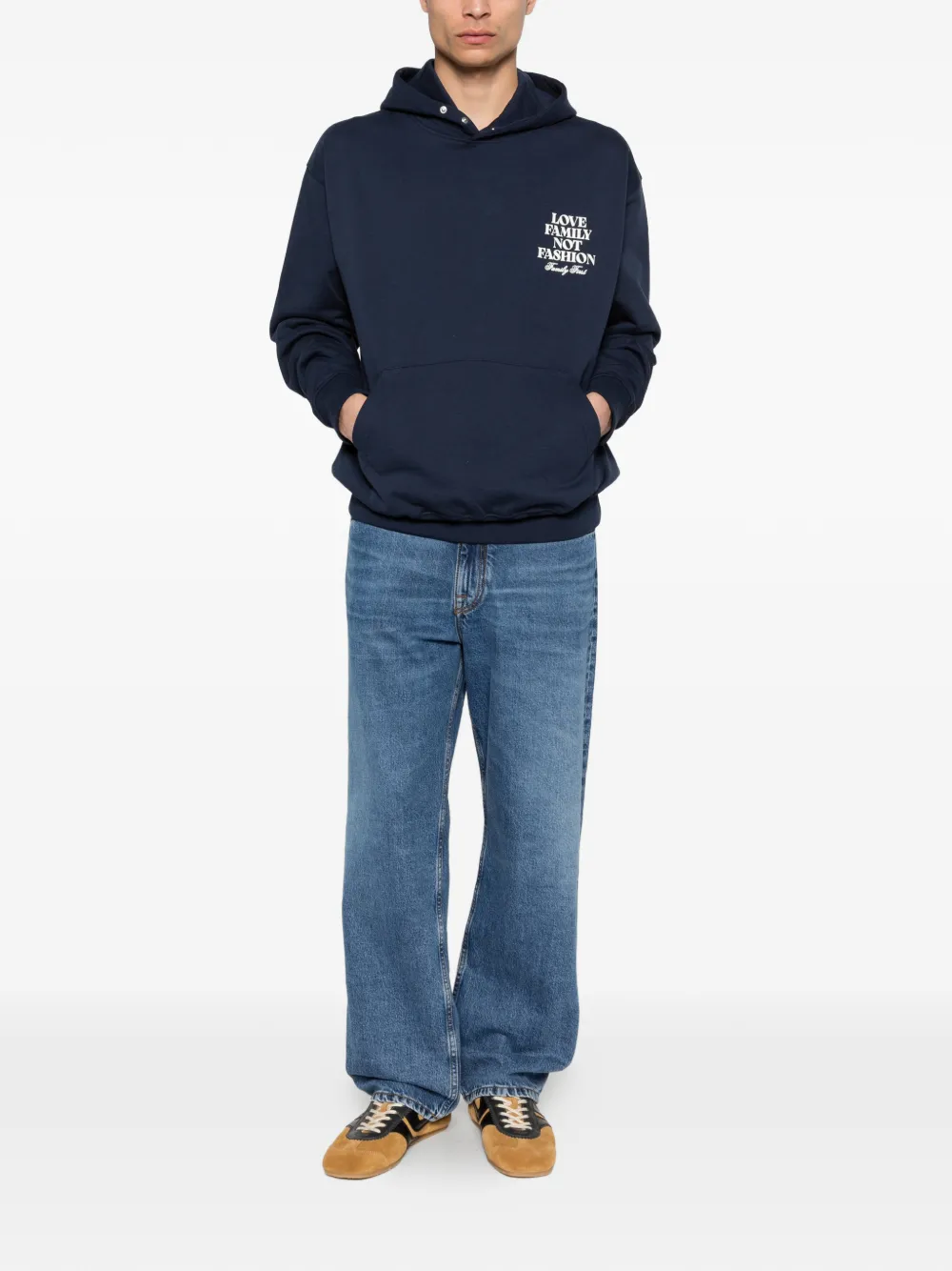 Family First Hoodie met tekstprint Blauw