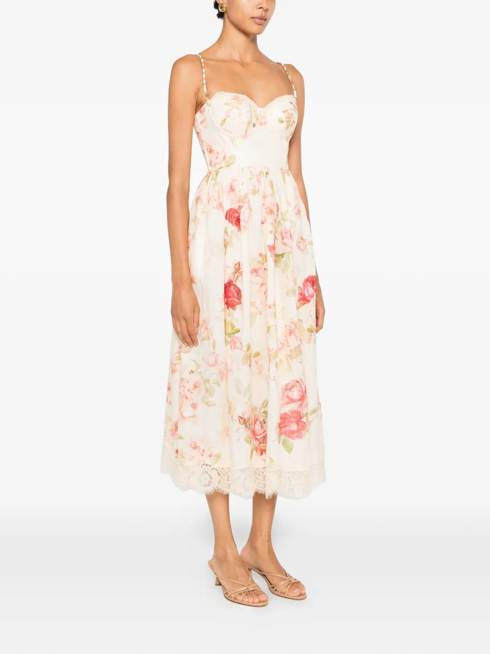ZIMMERMANN Roselight Picnic linnen midi-jurk met bloemenprint Beige