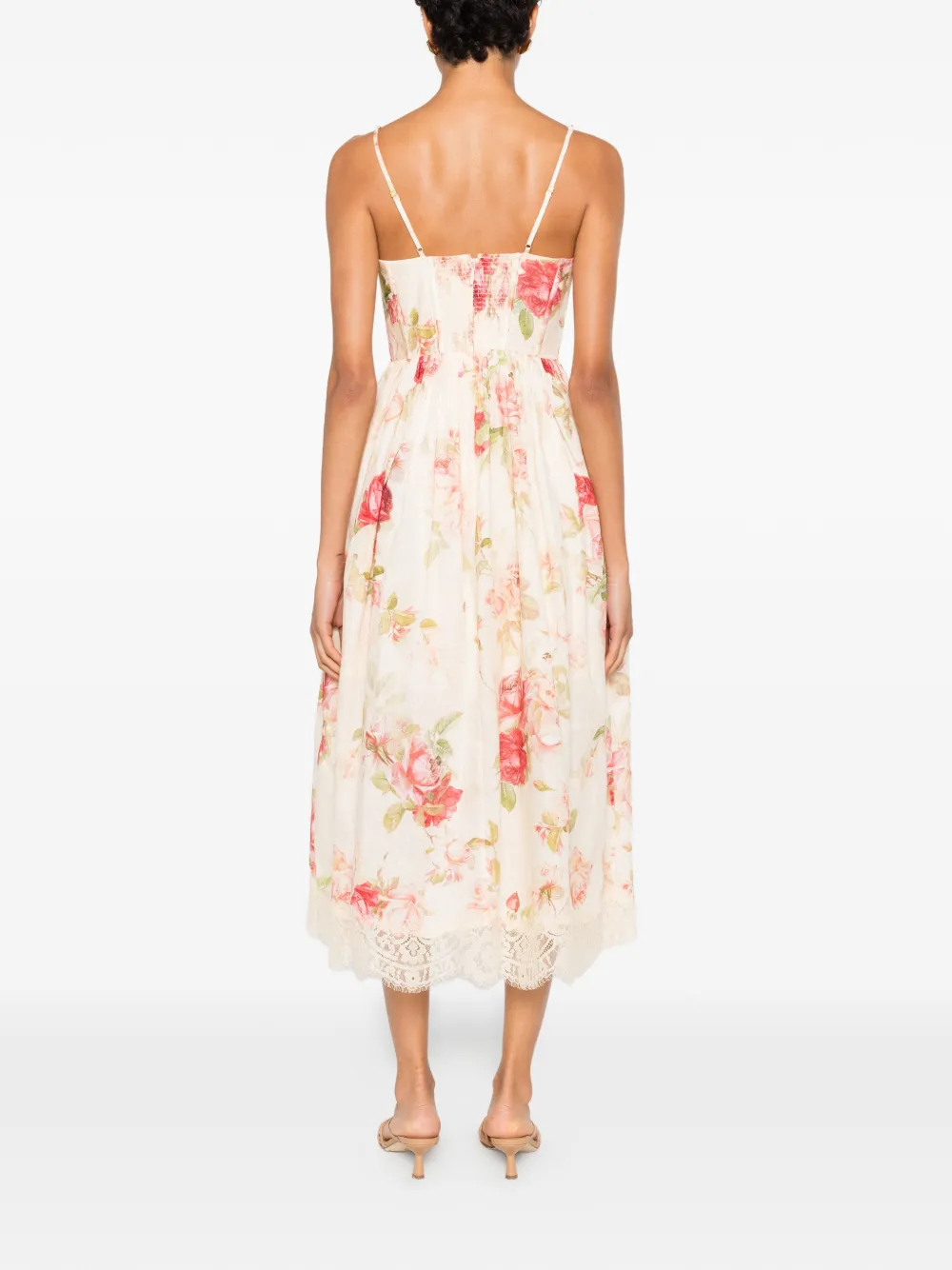 ZIMMERMANN Roselight Picnic linnen midi-jurk met bloemenprint Beige