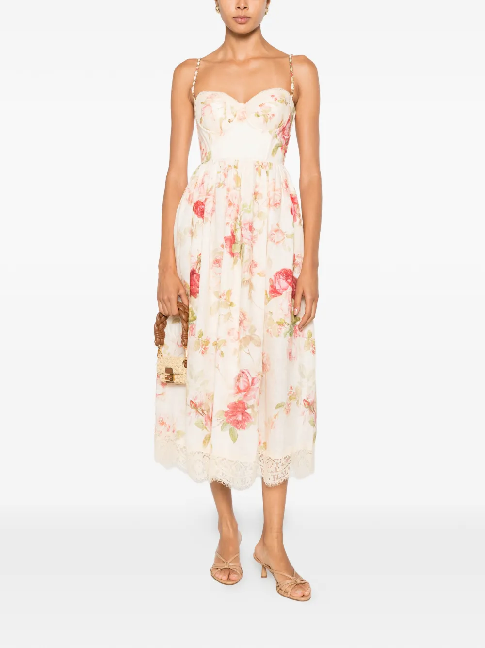 ZIMMERMANN Roselight Picnic linnen midi-jurk met bloemenprint Beige