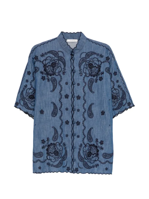 Zimmermann Aster Embroidered Denim Shirt in Blue