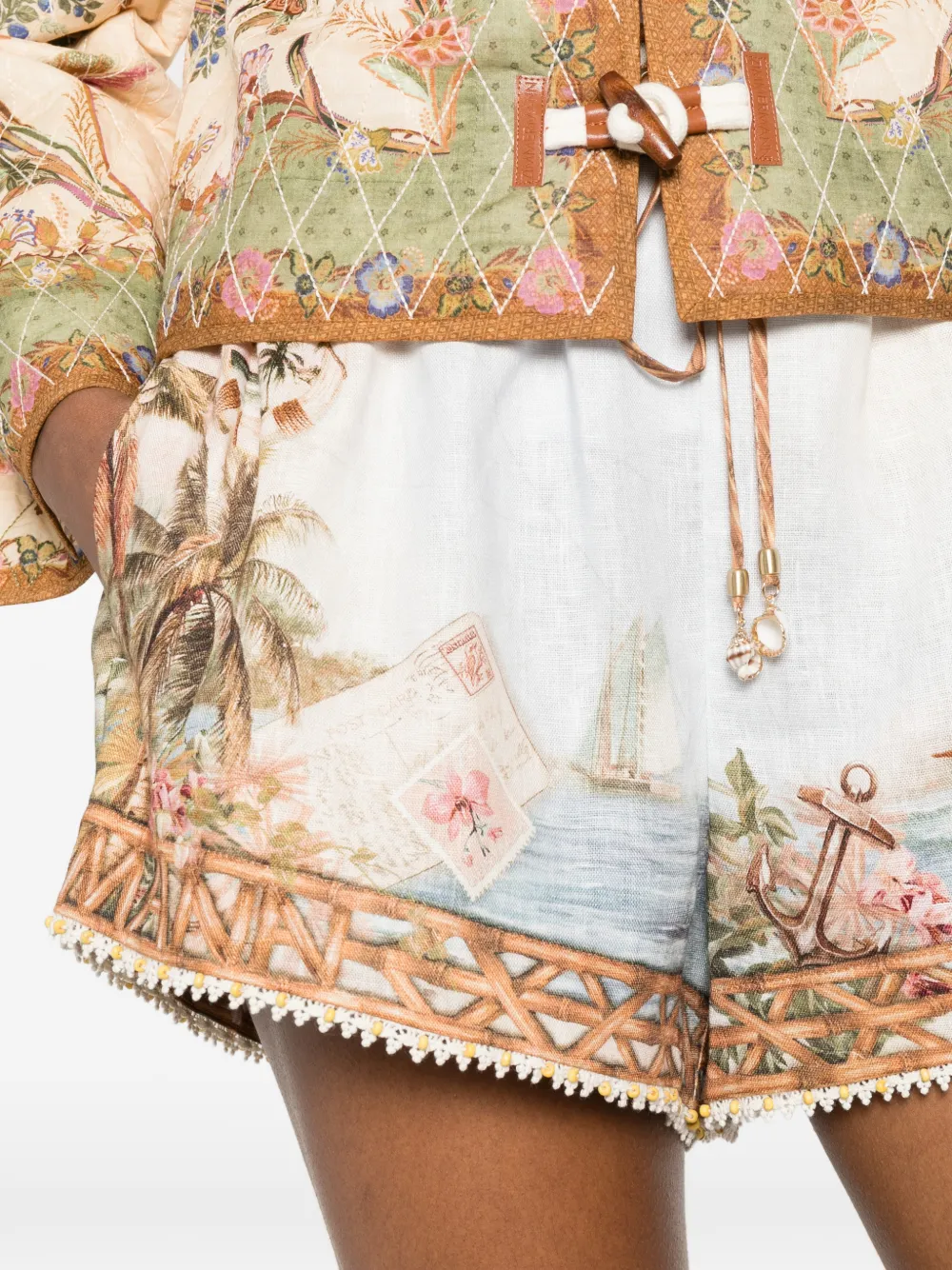 ZIMMERMANN Mahon Island Map linnen shorts Beige