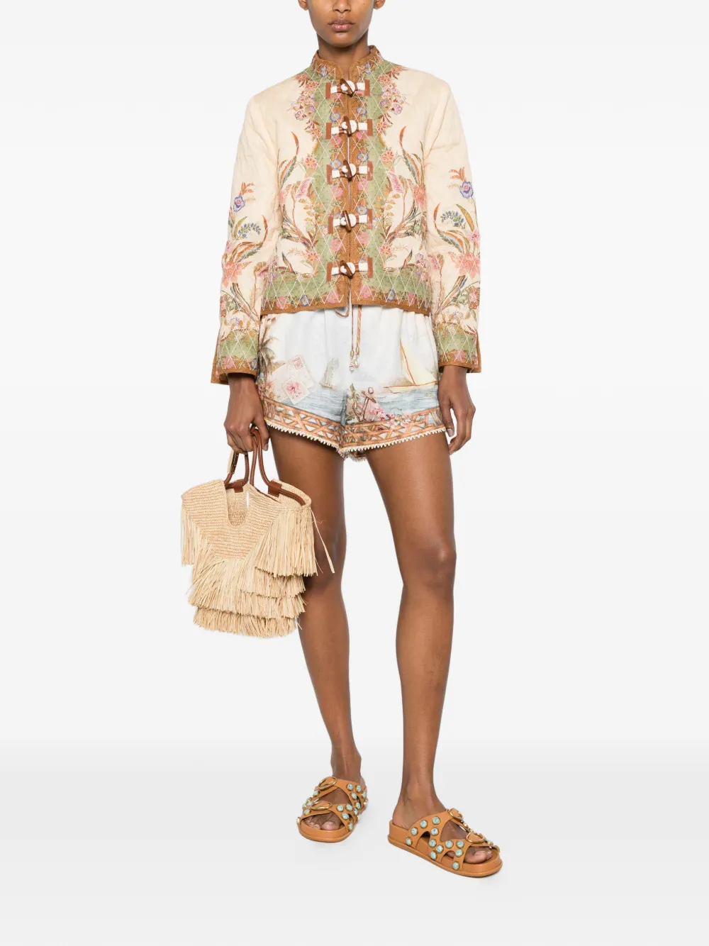 ZIMMERMANN Mahon Island Map linnen shorts Beige