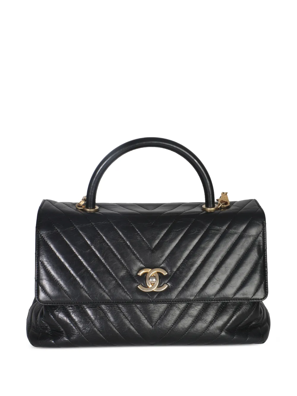 CHANEL Pre-Owned 2018 large Black Chevron Aged Calfskin Coco top handle bag - Nero